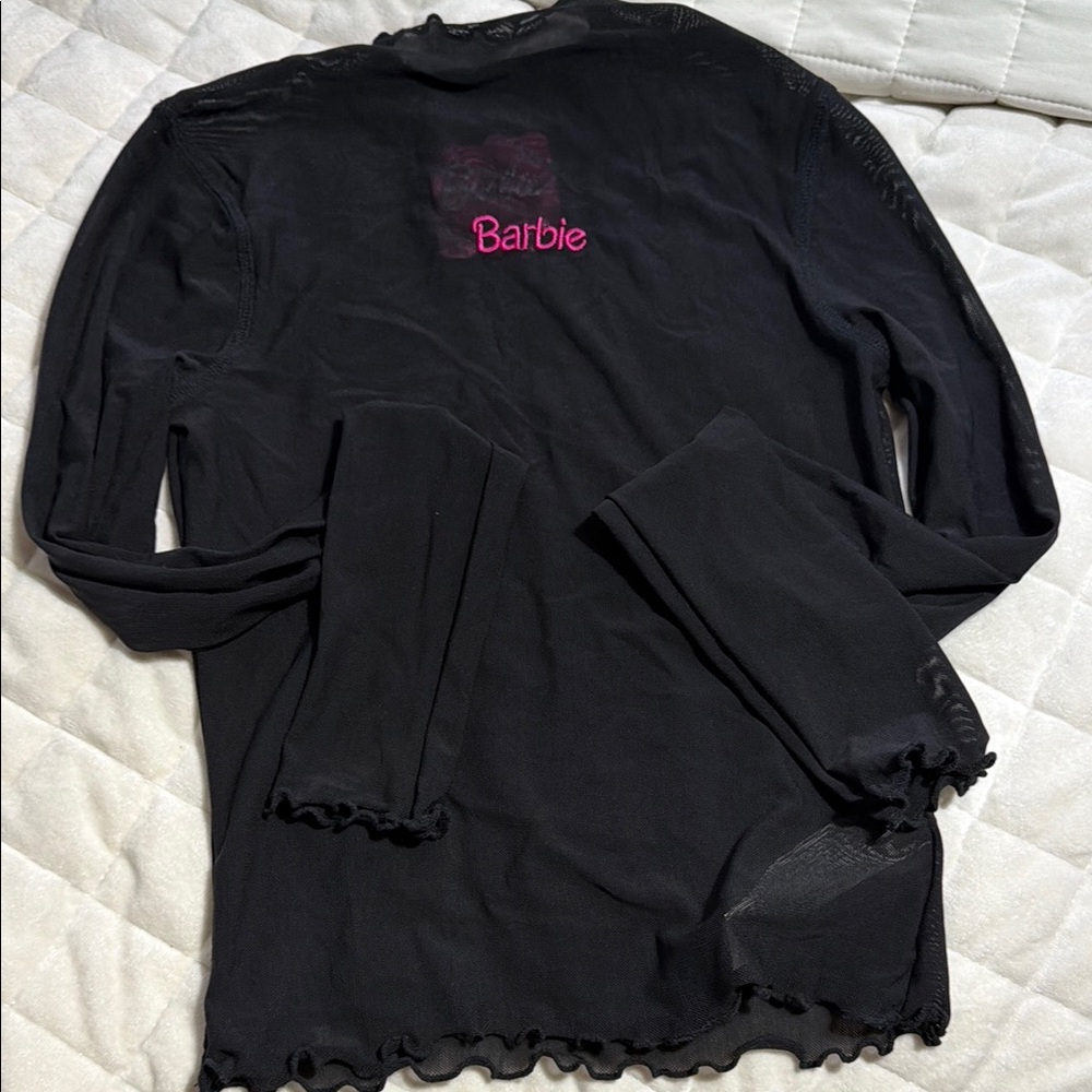 Black Barbie Mesh Long Sleeve Top with Pink Logo